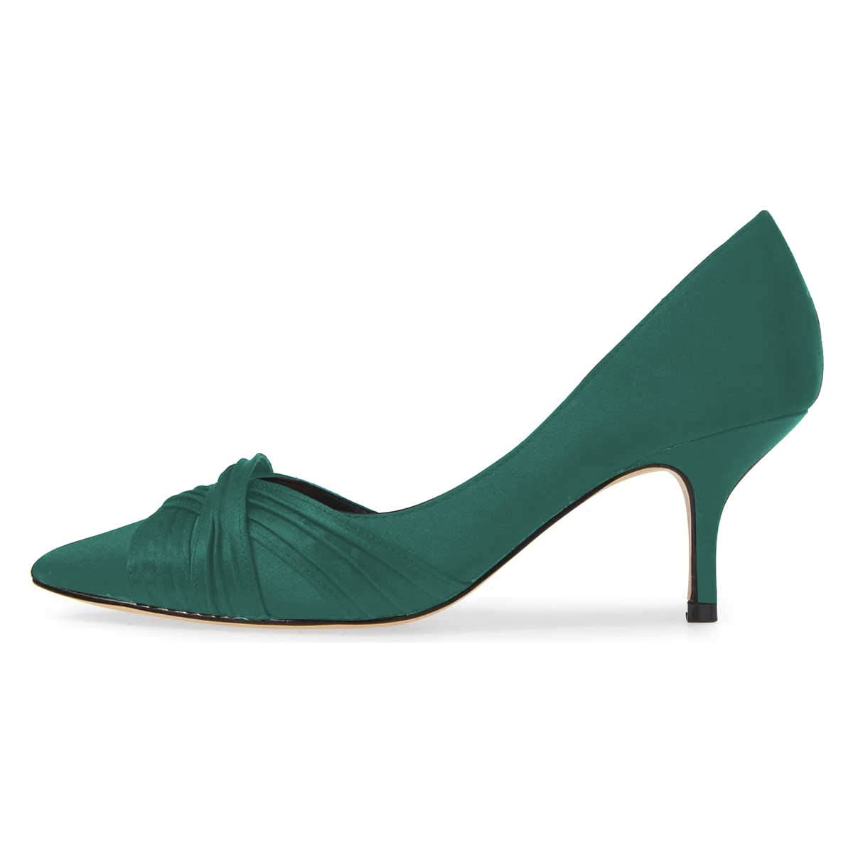 Green Satin Pleated Pointed Toe Kitten Heel Slip-On Pumps for Women Nicepairs