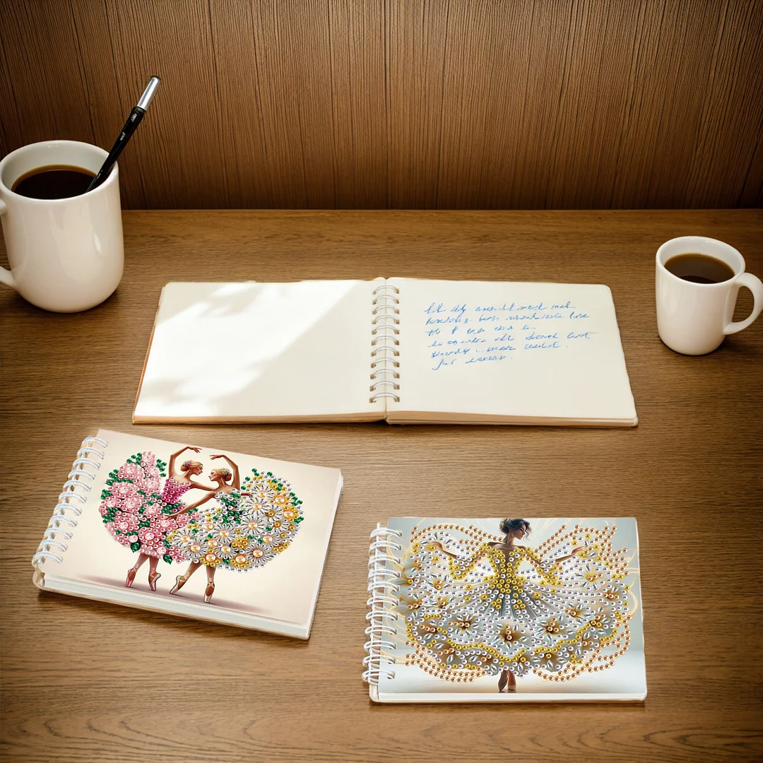 2 Pack Flower Ballet Lady DIY Diamond Art Spiral Notebook Kit 80Pages No Lines