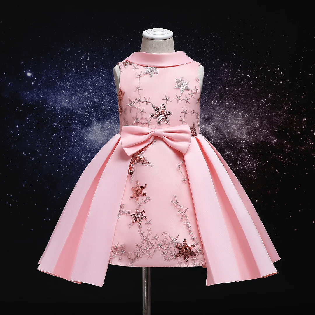 Shimmering Starry Princess Dress: Satin Collar Girls' Dress, Ideal for Performances and Party Events