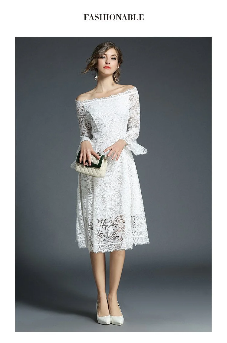 One-line collar, mid-sleeve, flared sleeve lace dress