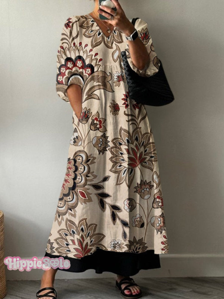 Women’s Retro Floral Print Pocket V-Neck Cotton Dress Multicolor / S