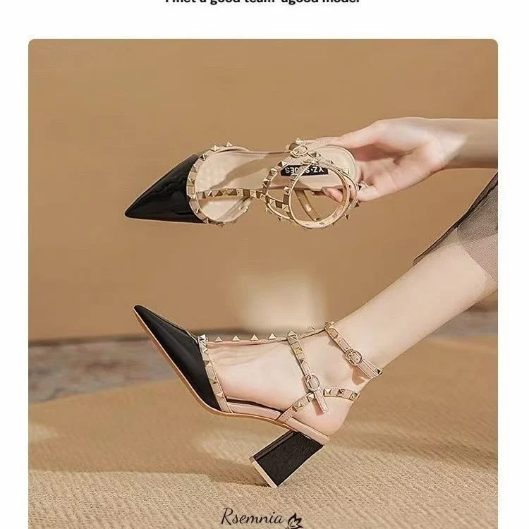 Breakj Breakj Set 2025 Pointed Rivet Shoes Tip Coated Roman Sandals Women Wear Fashion Comfortable Retro Women's Shoes