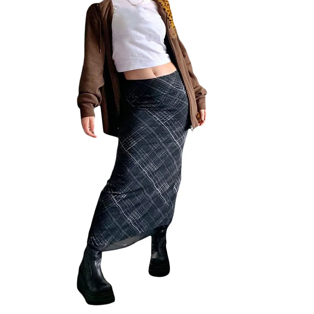 Huiketi Women's Casual Long Skirts Black Double Layer Plaid Printed Pattern High Waist Slim Fit A-Line Close-fitting Long Skirt