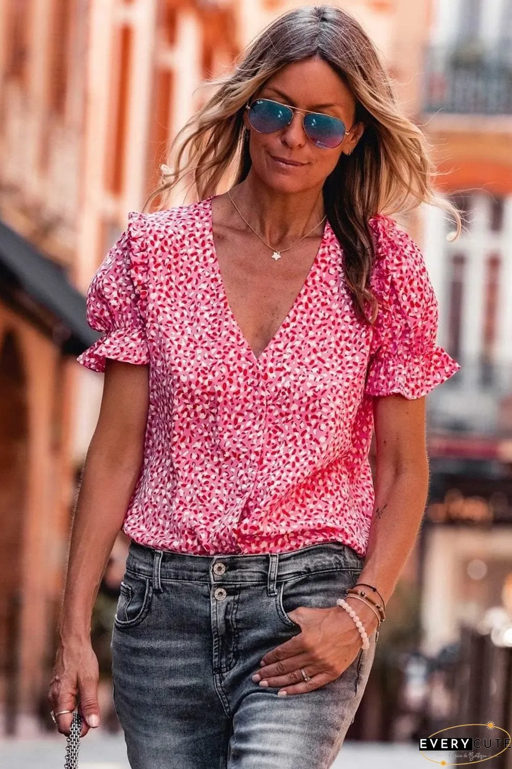 Layered Plaid Short Sleeve V-Neck Lotus Leaf Blouses