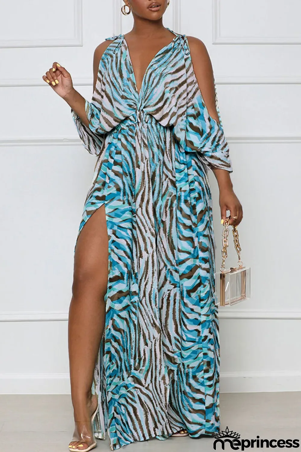 Blue Fashion Sexy Print Patchwork V Neck Straight Dresses