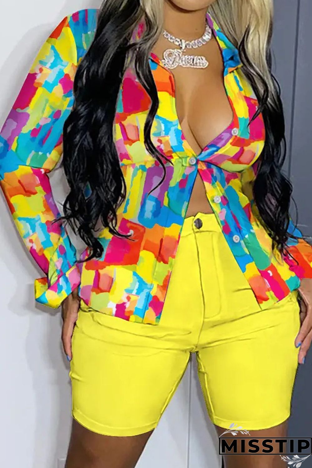 Green Casual Print Patchwork Buckle Turndown Collar Long Sleeve Two Pieces