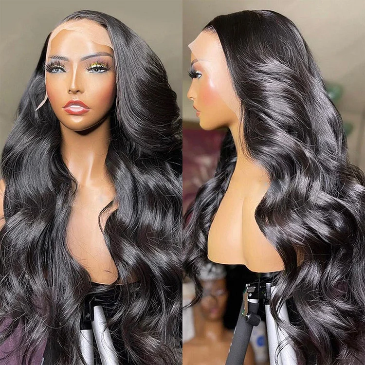 Virgin Human Hair Lace Closure Wig Body Wave Natural Black Color Lace Frontal Wigs