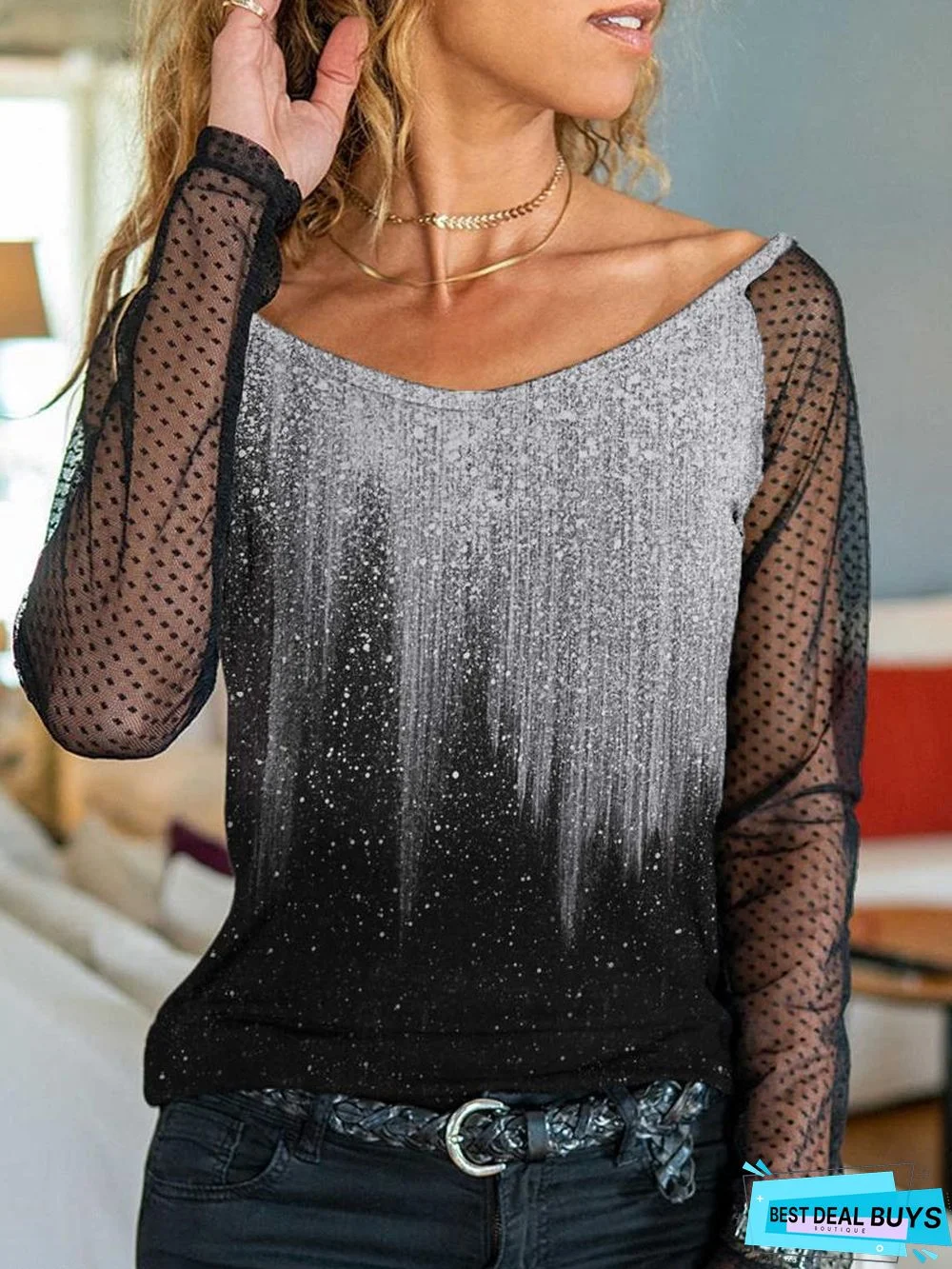 V-neck Gilded Line Printing Loose Long-sleeved T-shirt