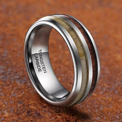 6MM 8MM Women's Or Men's Wedding Tungsten Carbide Wedding Matching Rings Antler and Wood Inlay Domed Top
