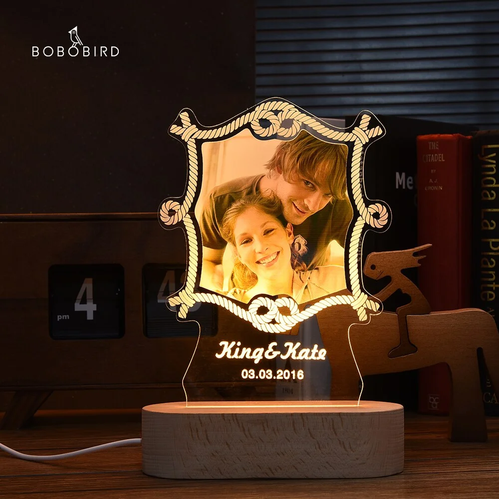 Custom Photo Frame USB With Light Creative Wooden Base Personalized Picture Living Room Bedroom Decoration Anniversary Gifts