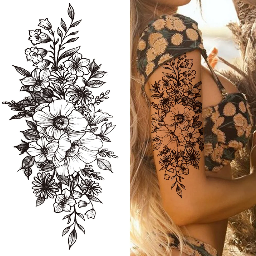 DIY Floral Temporary Tattoo For Women Girls Black Butterfly Rose Flower Tattoos Sticker Fake Sweat Pea Arm Tatoos Body Art