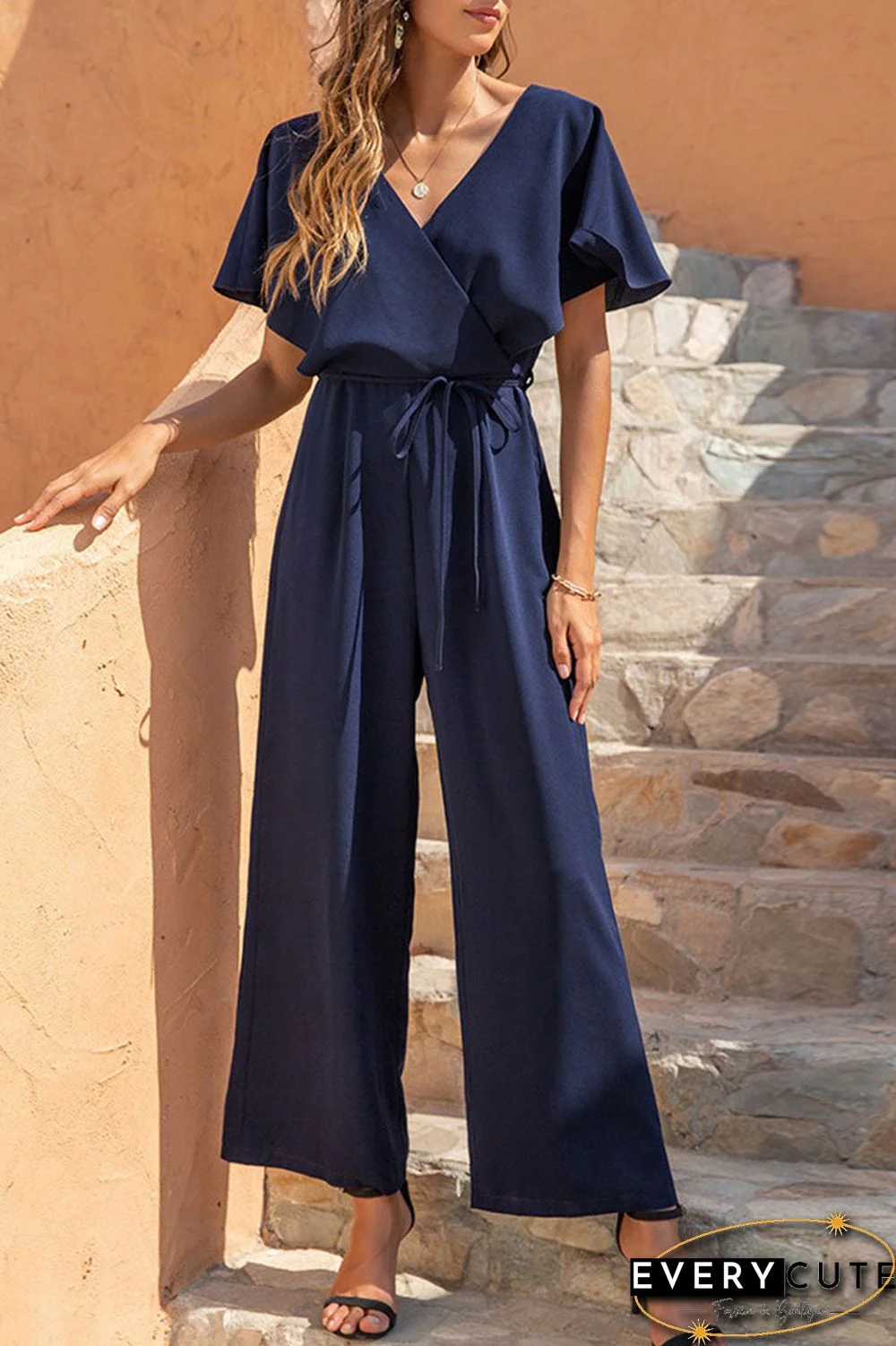 Fashion Casual Solid Split Joint V Neck Loose Jumpsuits