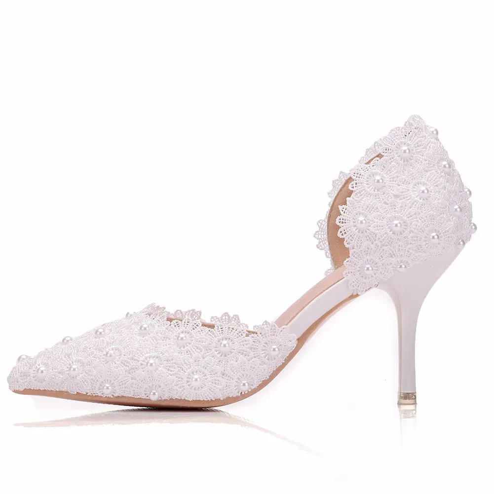 Breakj Breakj Cm White Lace Wedding Shoes Fine Heel Pointed Sandals Hollow Two-Siped Sandals Large Size Lace