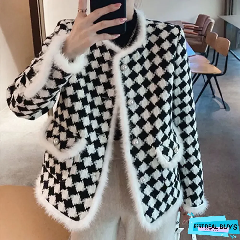 Female Leisure Black and White Plaid Coat Wool Coat