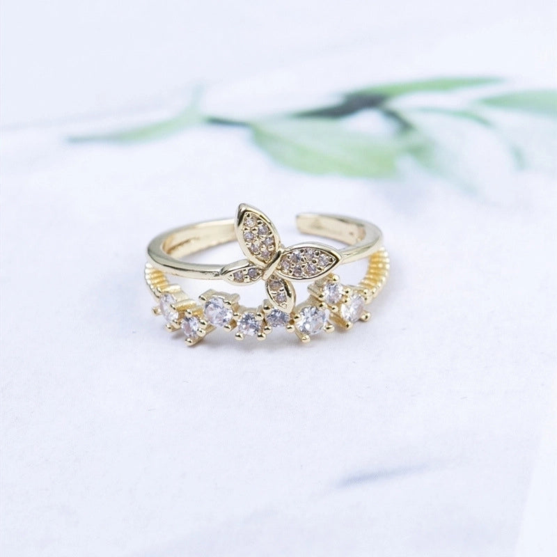 Minimalist Butterfly Copper Plating Inlay Zircon Open Rings