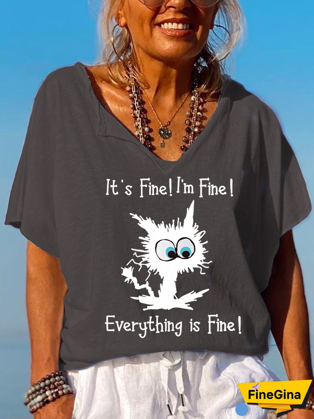 Women's It's Fine I'm Fine Everything Is Fine Funny Cat V-Neck Tee