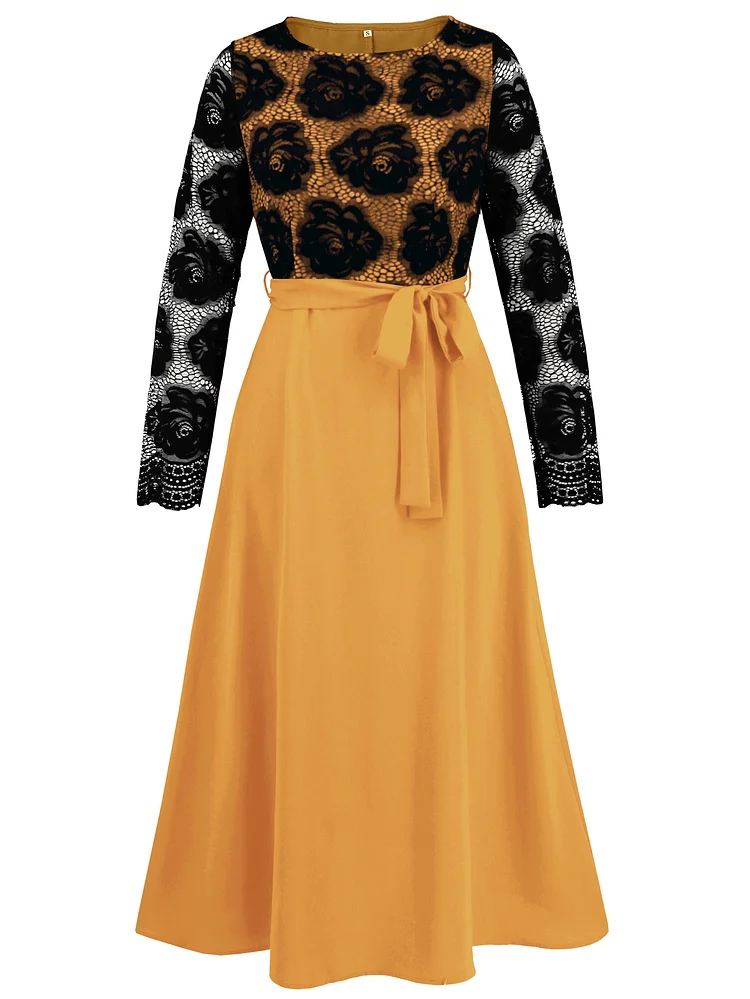 Women's Elegant Dress Lace Patchwork Color Block A Line Long Sleeve Maxi Dress Party Dress