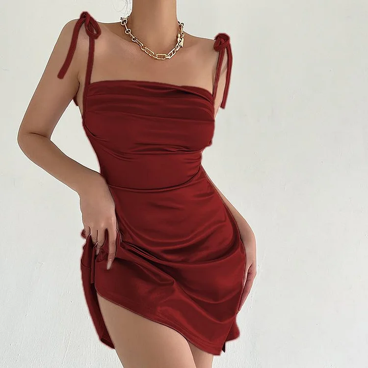 Promsstyle Tie-fastening straps straight neckline ruched mini slip dress Prom Dress 2023