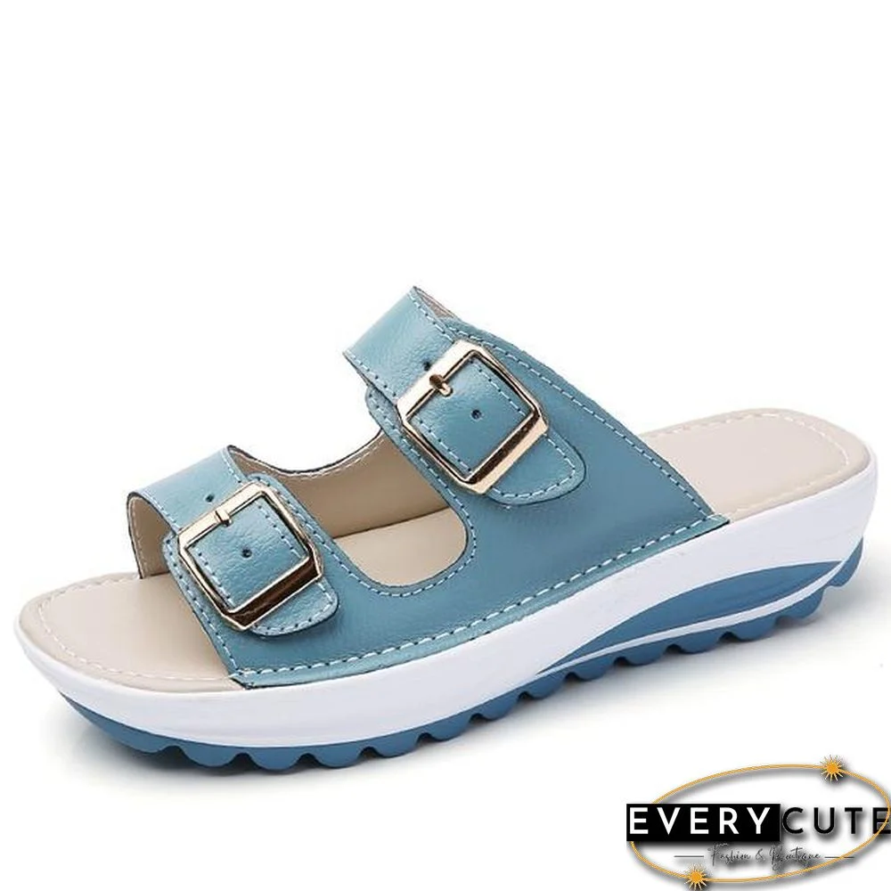 Women Platform Leather Buckle Flats Light Soft Comfortable Slides Sandals