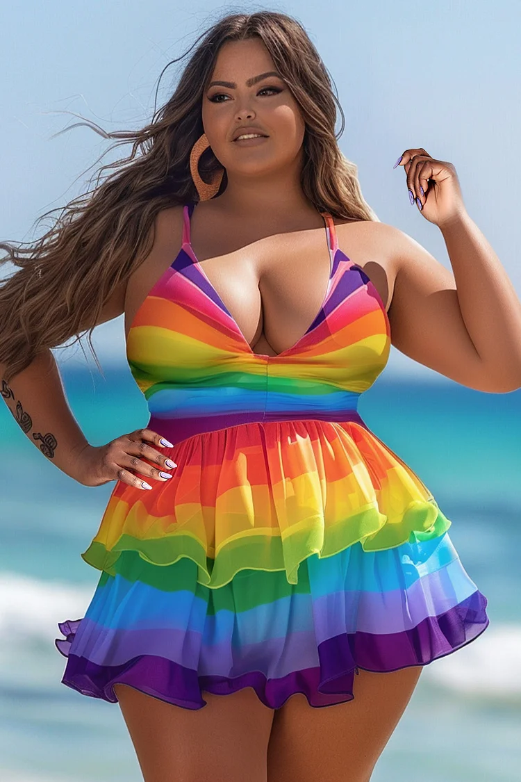 Xpluswear Design Plus Size Beach Rainbow Colorblock Tiered Ruffle Swimwear Dress With Panty [Pre-Order] 2024 - Xpluswear
