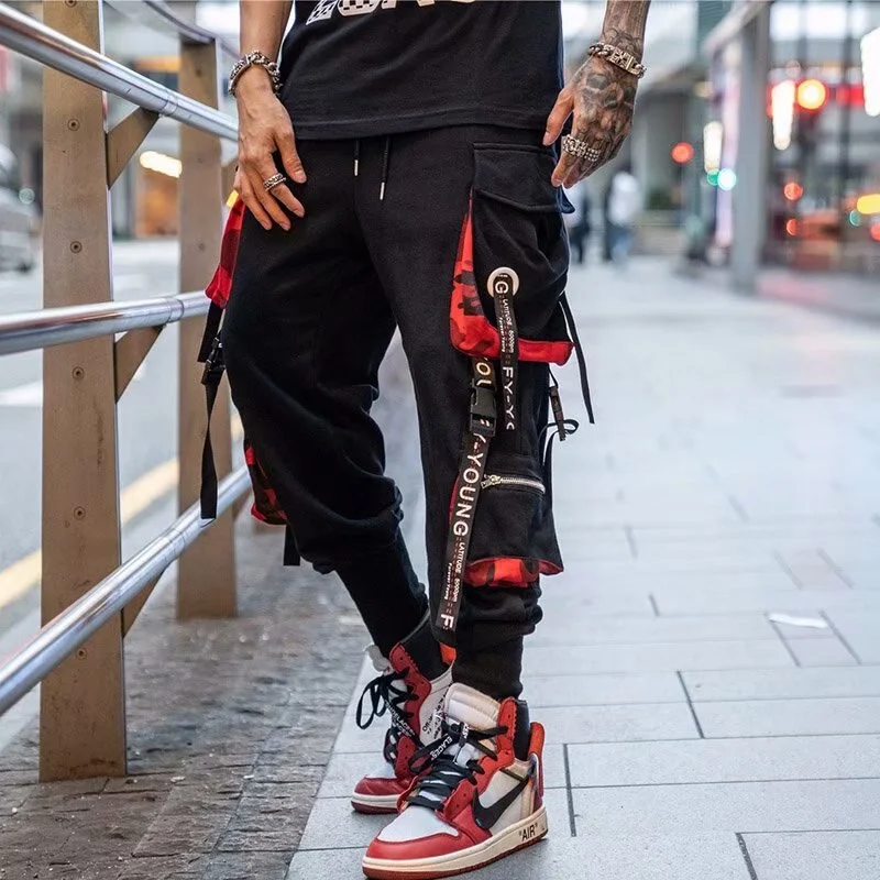 Men Hip Hop Black Cargo Pants joggers Sweatpants Overalls Men Ribbons Streetwear Harem Pants Women Fashions Trousers