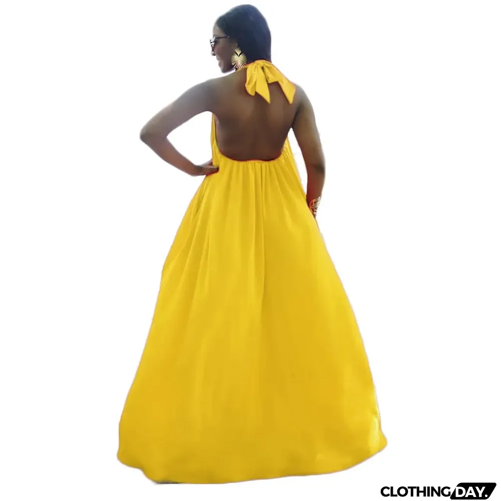 Summer Women's Sleeveless Halter Neck Sexy Low Back Solid Color Maxi Dress