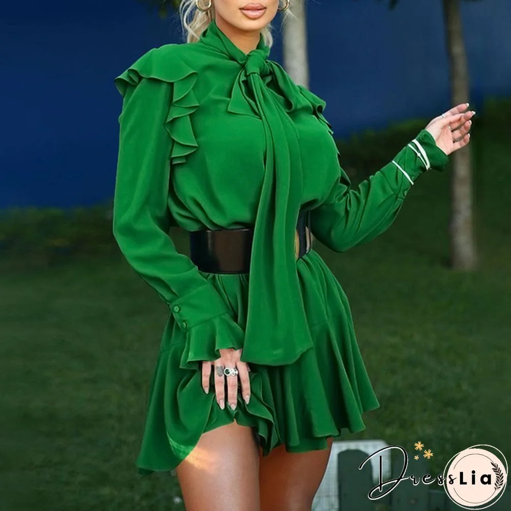 Women Long Sleeved Mini Dress Vestidos Bowknot Ruffled Party Elegant Casual Pleated Short Dress Plus Size