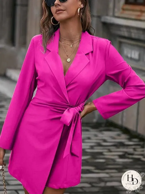 Dresses Suit Collar Solid Color Tie Long Sleeve Dress for Women