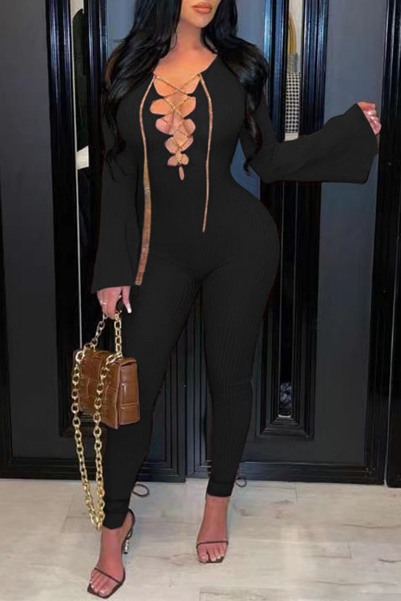 Sexy Solid Hollowed Out V Neck Boot Cut Jumpsuits