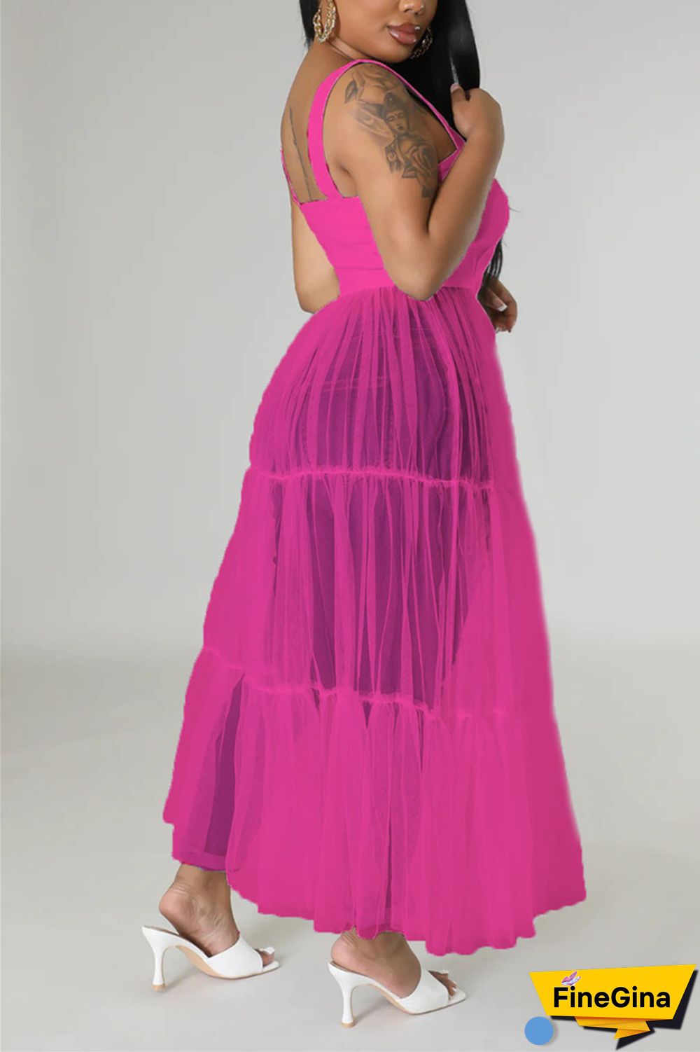 Black Casual Simplicity Solid Patchwork Fold Mesh Spaghetti Strap High Waist Tops