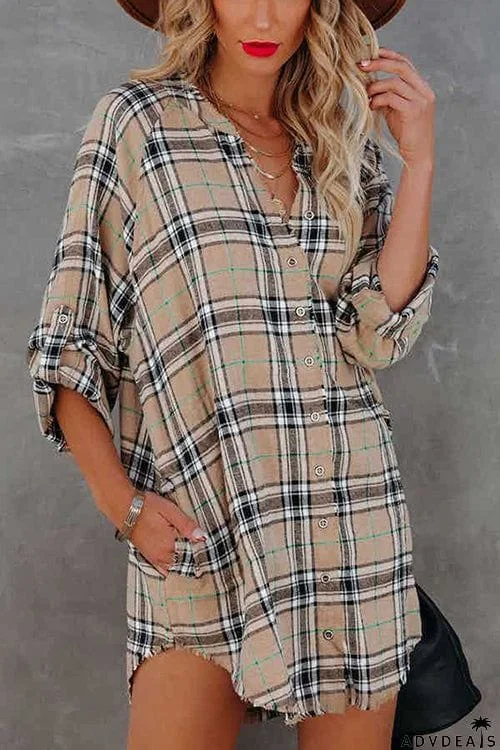 Fashion Check Long Sleeve V-Neck Shirt Dress