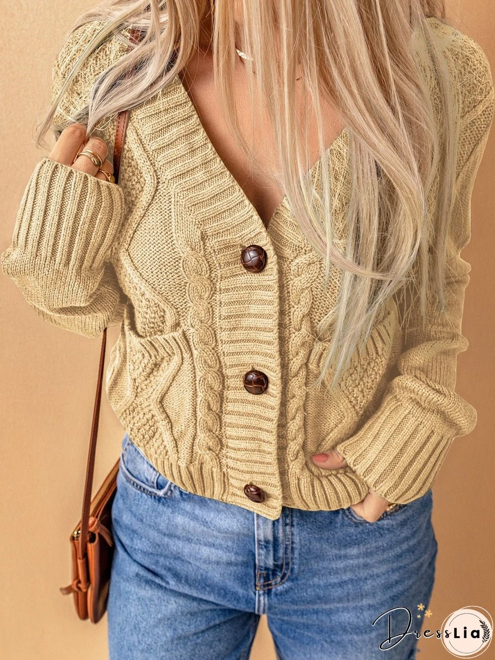 Cozy Beige V-Neck Knit Cardigan with Front Buttons