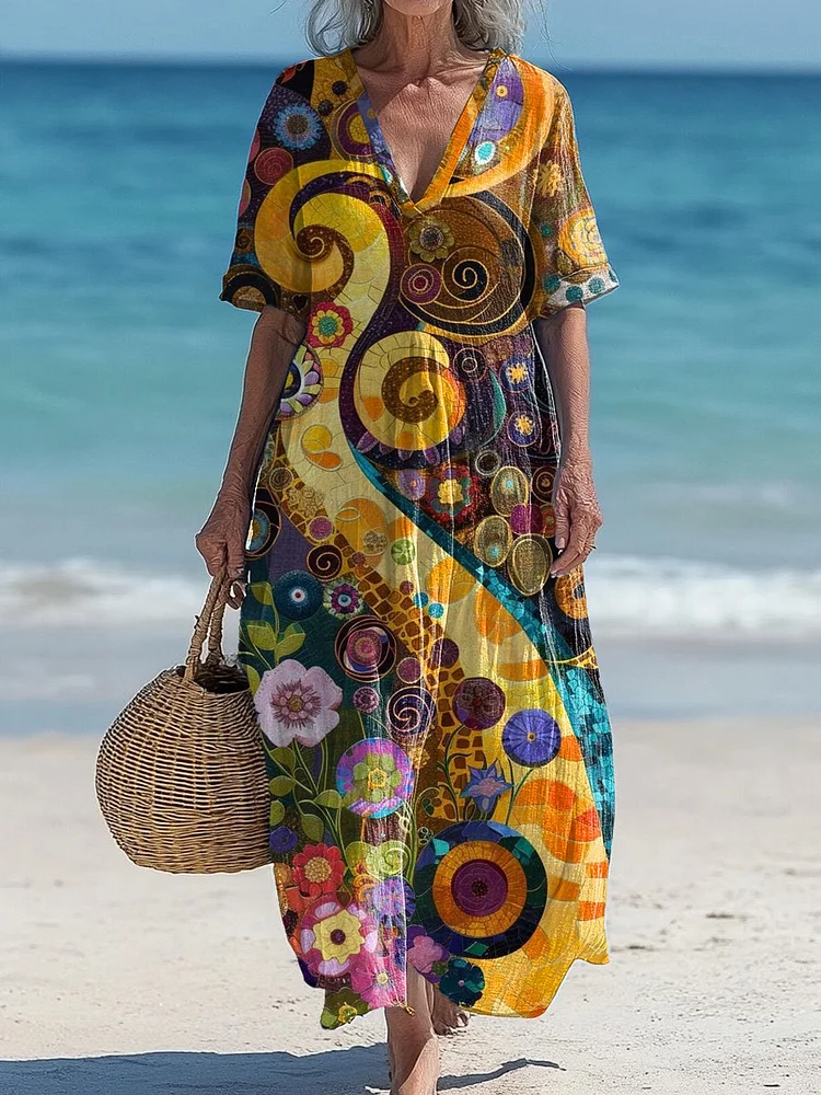 Vintage V-Neck Floral Art Print Elegant And Chic Loose Midi Dress
