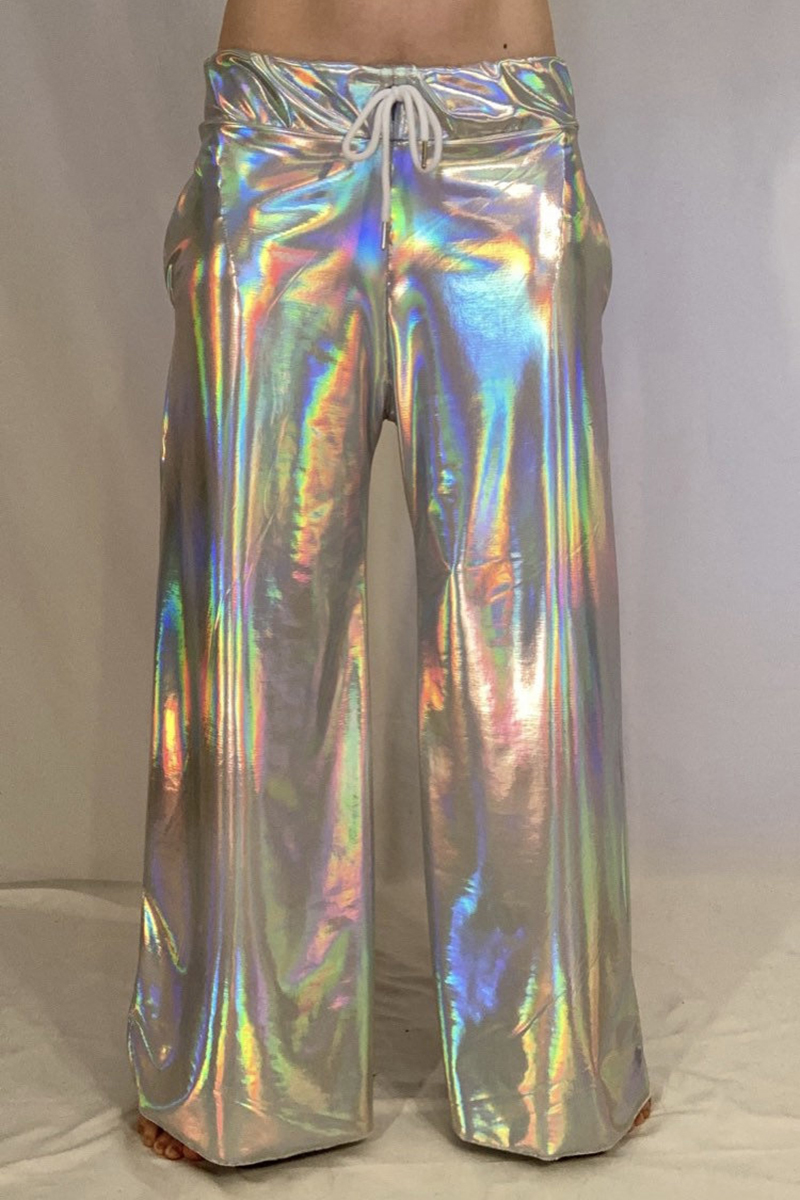 Ciciful Metallic Iridescent Silver Drawstring Wide Leg Festival Pants