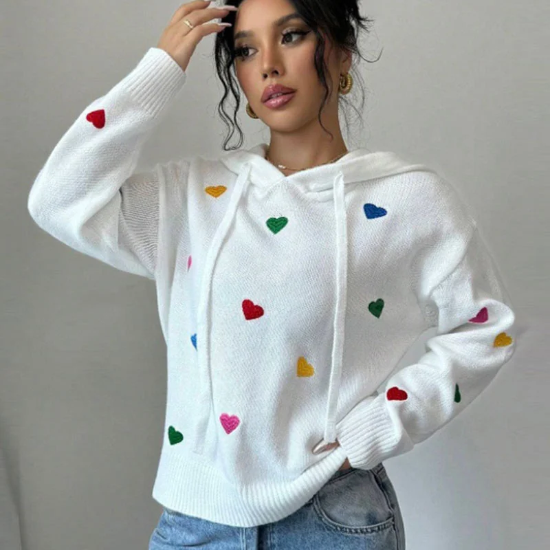 Athvotar Athvotar And Winter Women's Sweater Fashion Color Love Hooded Long-Sleeved Knitted Shirt