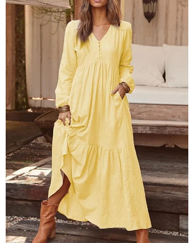 Women's Shift Dress Maxi long Dress Long Sleeve Solid Color Hot Yellow Royal Blue Light gray Brown Light Blue S M L XL XXL 3XL