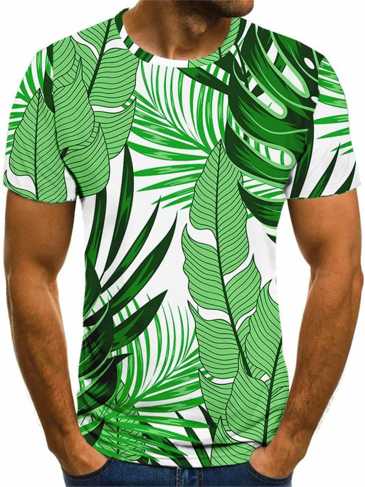 New Men's 3D Digital Leaf Pattern T-shirt Short-sleeved Top Printed Fashion Round Neck T-shirt-Cosfine