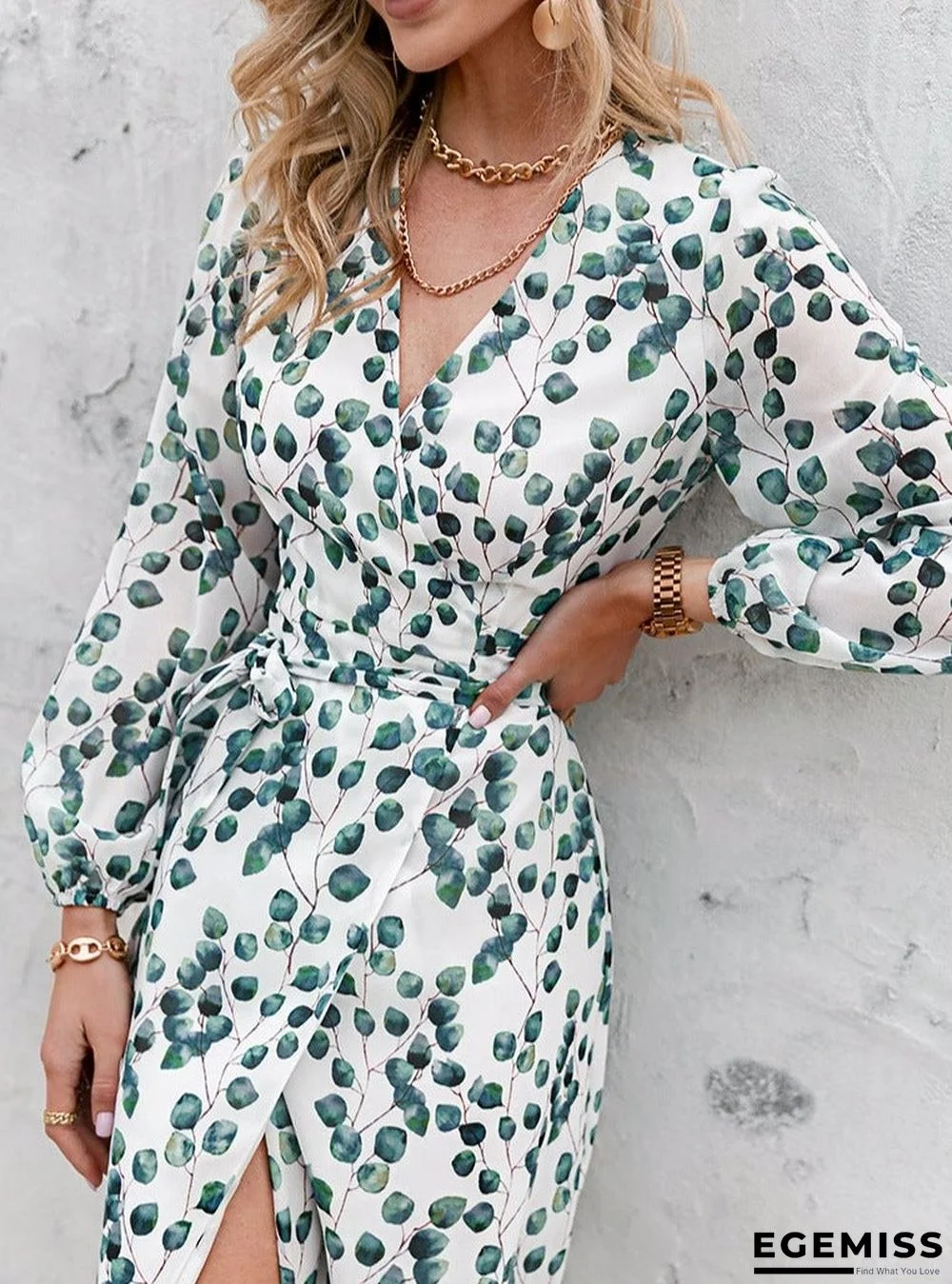 Printed Long Sleeve Green Leaf Dress | EGEMISS