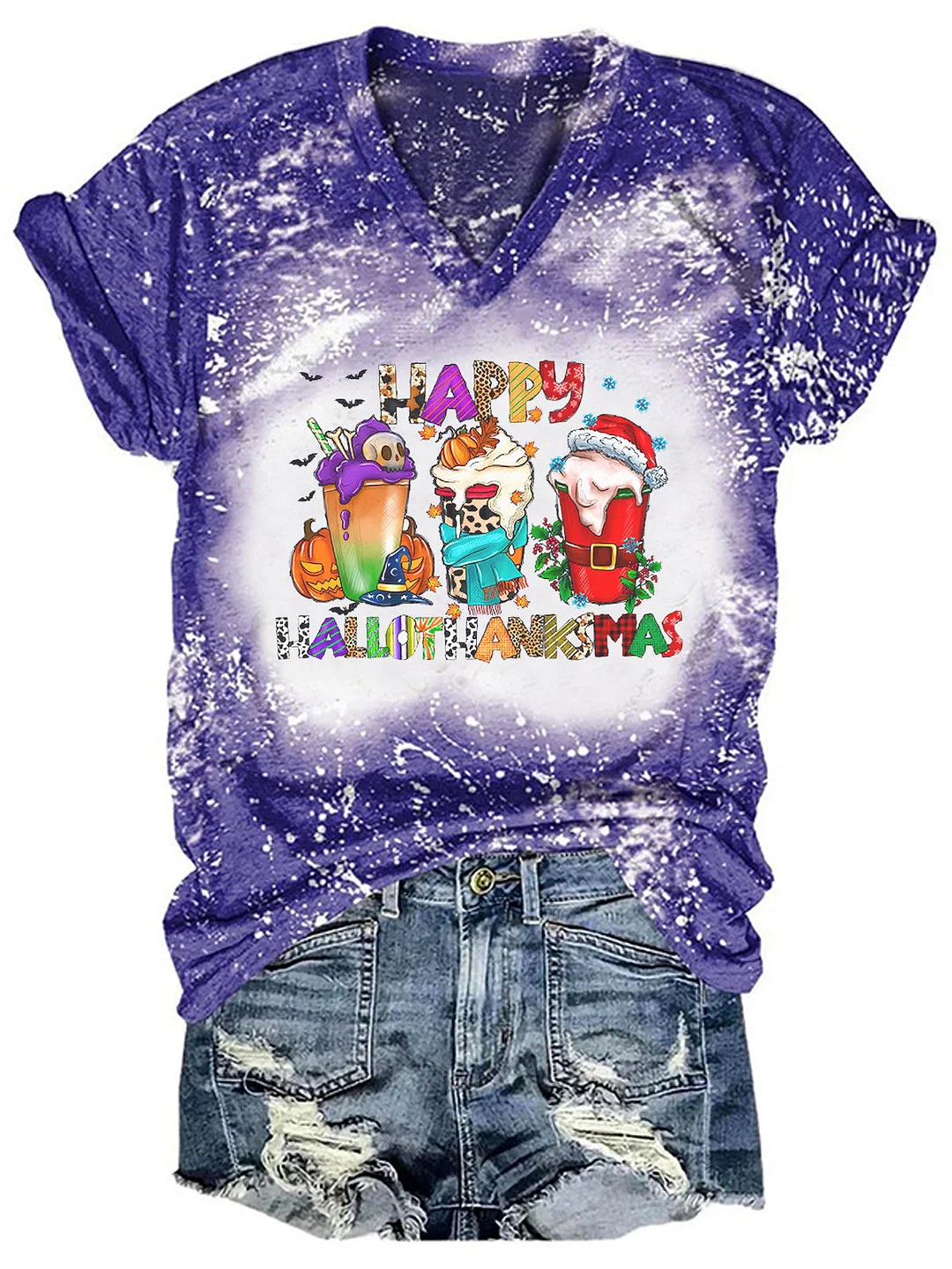 Happy Hallothanksmas Coffee Print Tie Dye Shirt