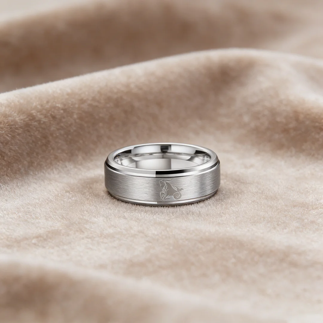 4MM 6MM 8MM Sliver Capricorn Tungsten Carbide Rings Prints Laser Design Open Steps Tungsten Wedding Bands