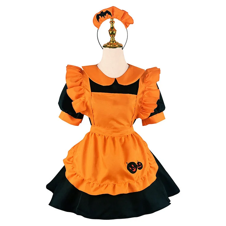 Cosplay Pumpkin Bat Embroidery Doll Collar Maid Dress - Gotamochi Kawaii Shop, Kawaii Clothes