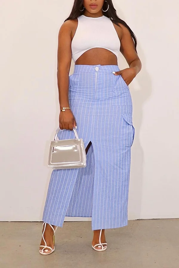 Casual Striped Flap Pocket Long Skirt