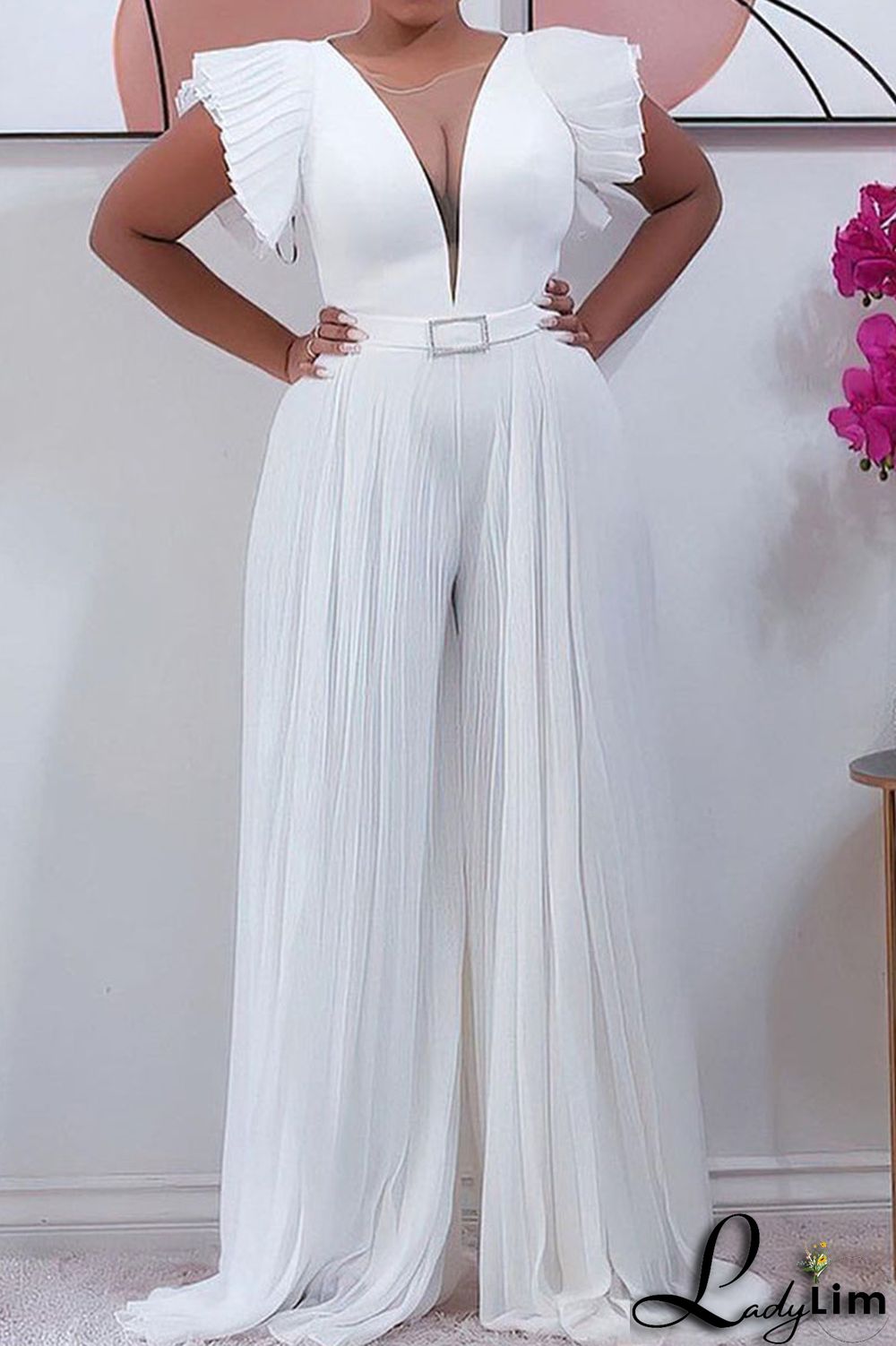 Yellow Elegant Solid Split Joint Fold V Neck Loose Jumpsuits