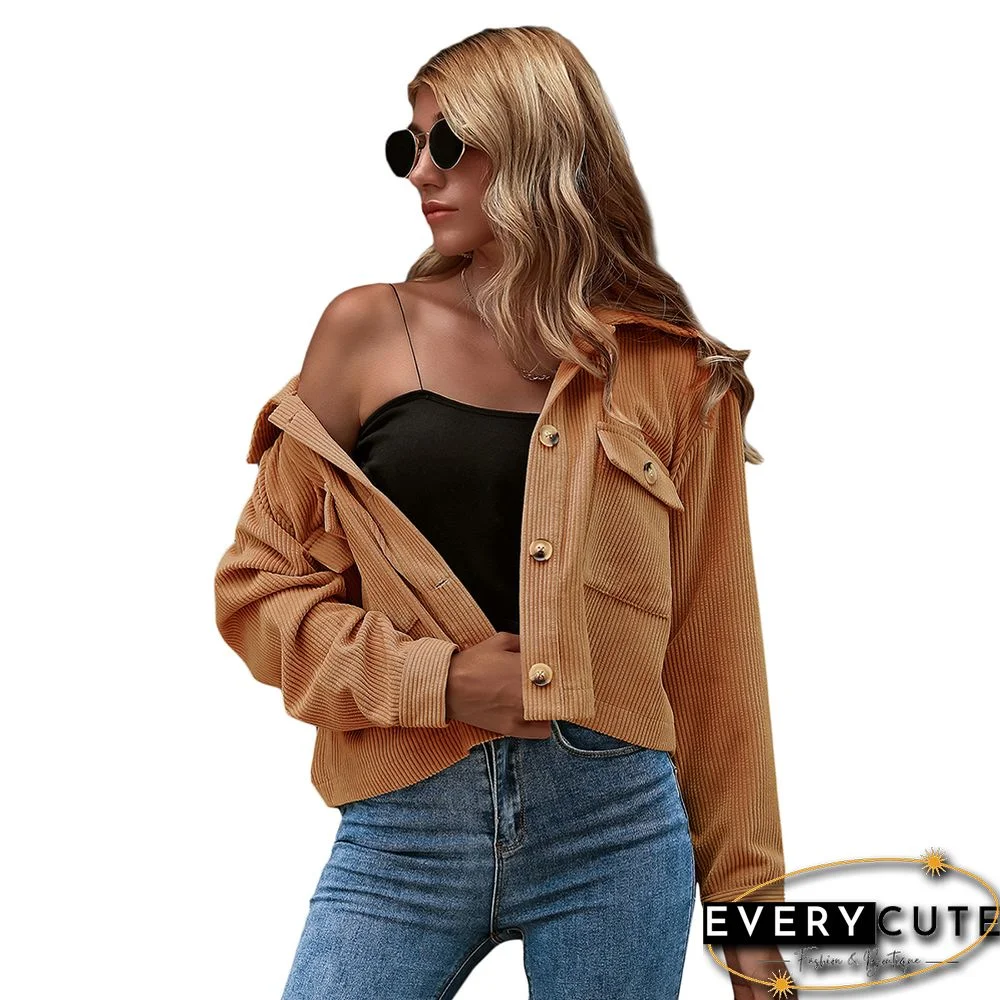 Khaki Corduroy Pocket Button Short Jacket