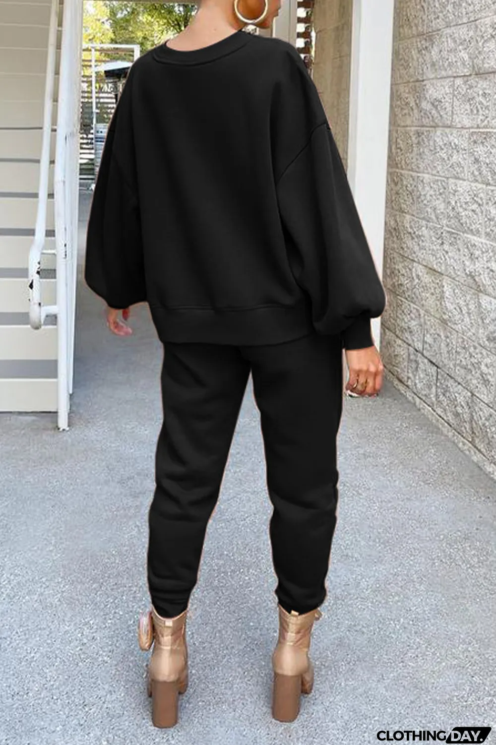 Black Casual Solid Split Joint O Neck Long Sleeve Two Pieces