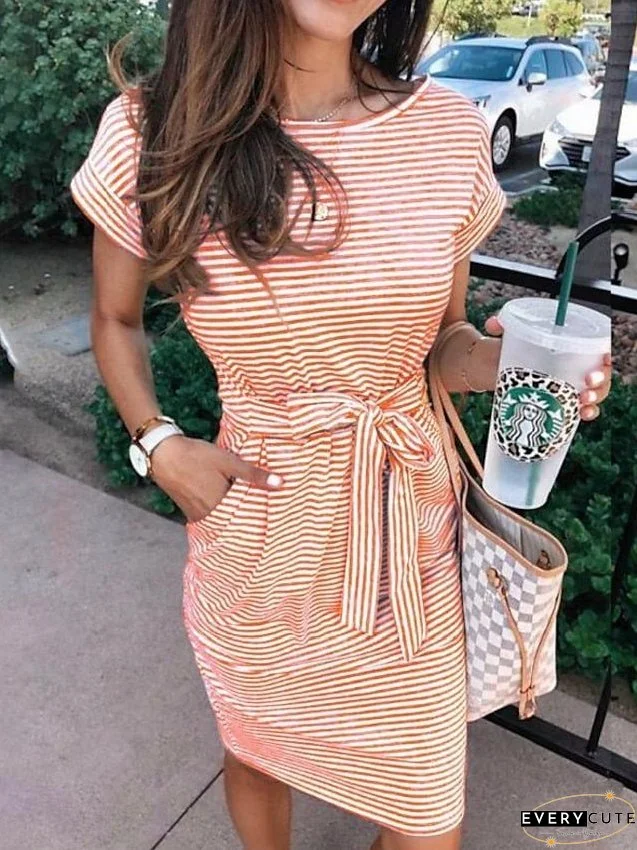 Casual Dress T Shirt Dress Tee Dress Mini Dress Light Blue Black Pink Short Sleeve Striped With Belt Summer Spring Crew Neck Basic Loose Fit S M L XL XXL XXXL for Women