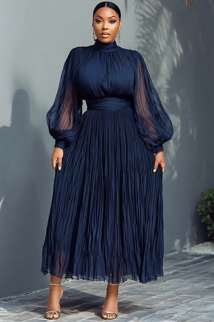 Xpluswear Design Plus Size Churchs Navy Blue Mock Neck Lantern Sleeve Long Sleeve See Through Elegant Ruffled Midi Dresses [Pre-Order]