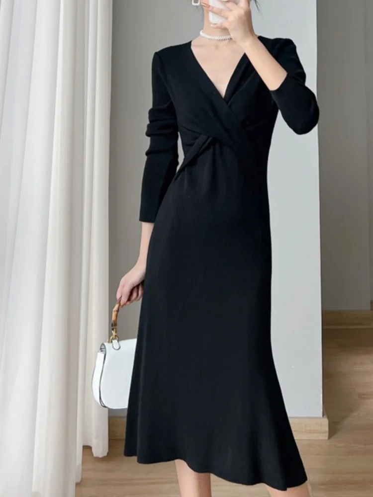 Fashion Casual High Waist V Neck Long Sleeve Elegant Party Sweater Dress