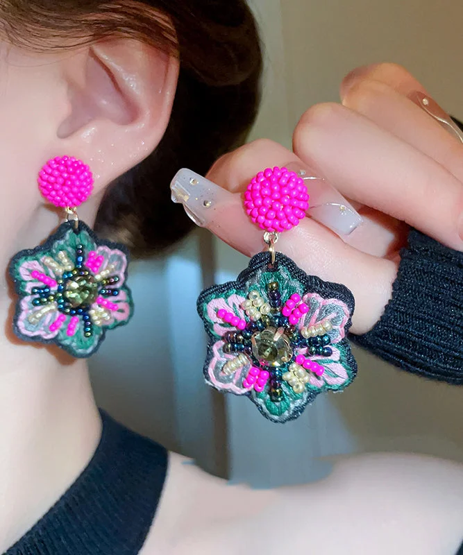 Elegant Rose Hand Woven Alloy Beads Embroidery Floral Drop Earrings