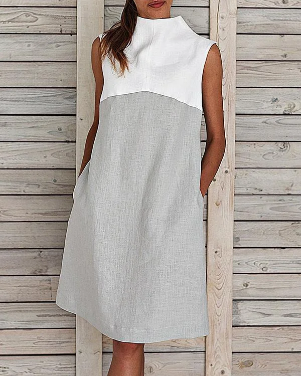 Midi Dresses Women Summer Shift Sleeveless Turtleneck Paneled Dresses